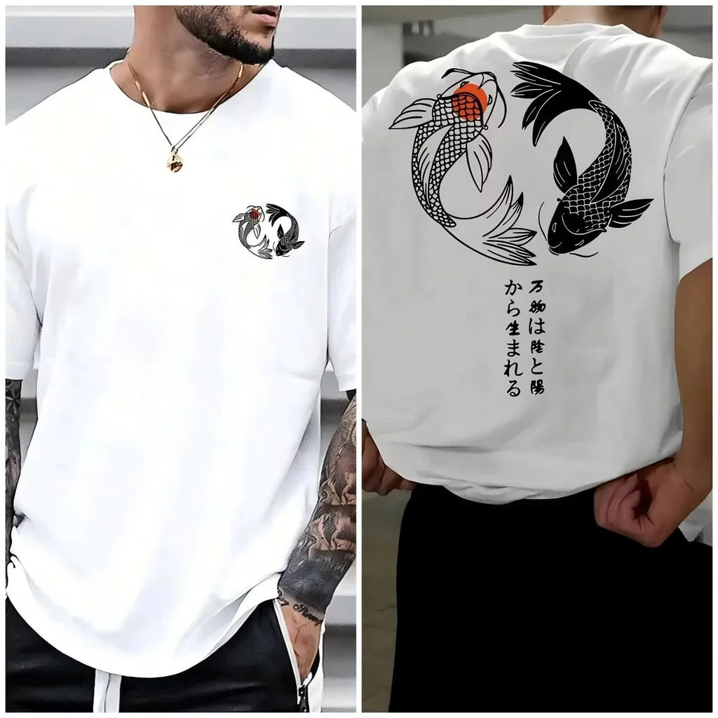 Koi Harajuku Japanisches Muster 100 % reine Baumwolle Herren T-Shirt Sommer Täglich Outdoor Sport Straße Lässig Bequem Kurzarm