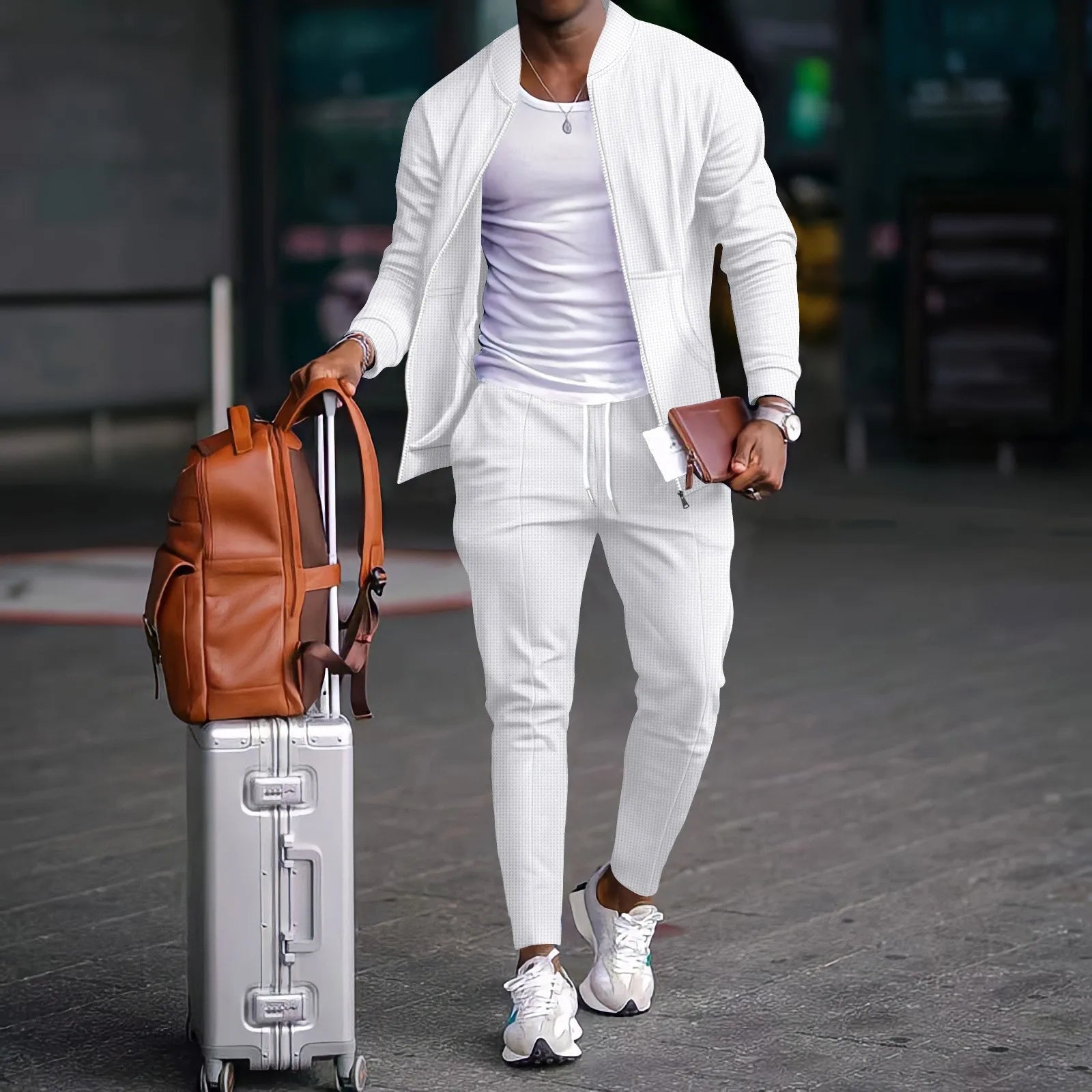 Herrenbekleidung 2026, Neue Frühlings- und Herbst : Stehkragen-Set in Unifarben, Baseball-Casual-Stil, Waffelstruktur-Hose, Zweiteiliger Anzug