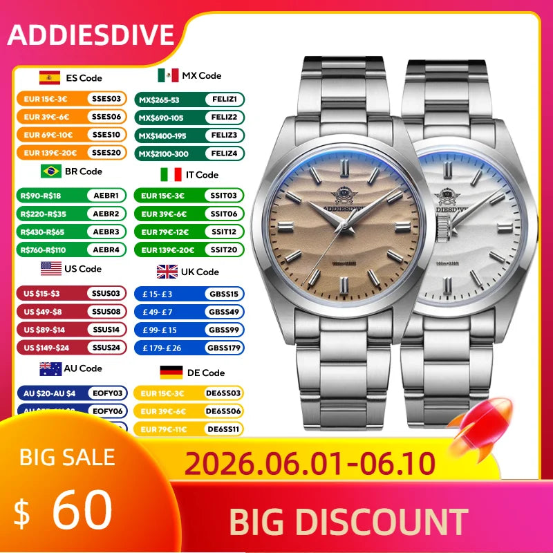ADDIESDIVE Heißer Verkauf AD2030 Ohne LOGO Uhr Edelstahl 100M Wasserdicht Quarz Uhren 3D Sand Zifferblatt männer Armbanduhr kleid
