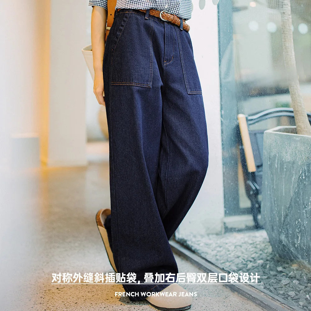 Damen-Jeans aus geradem Denim mit hoher Taille, Vintage-Stil, gewaschen, lockere Passform, Freizeithose, Hose für Herbst und Winter, mit YKK-Reißverschluss