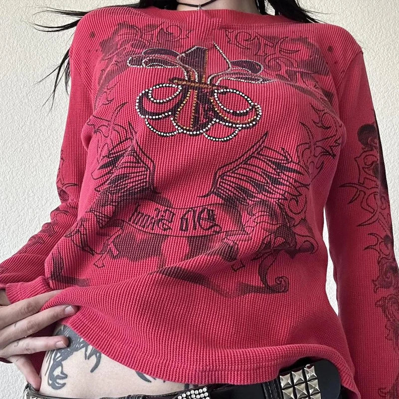 Grunge Cyber Mall Goth Thermo T-Shirt Totenköpfe Grafikdruck Langarm Pullover Tops Damen 90er Jahre Vintage Ästhetische T-Shirts