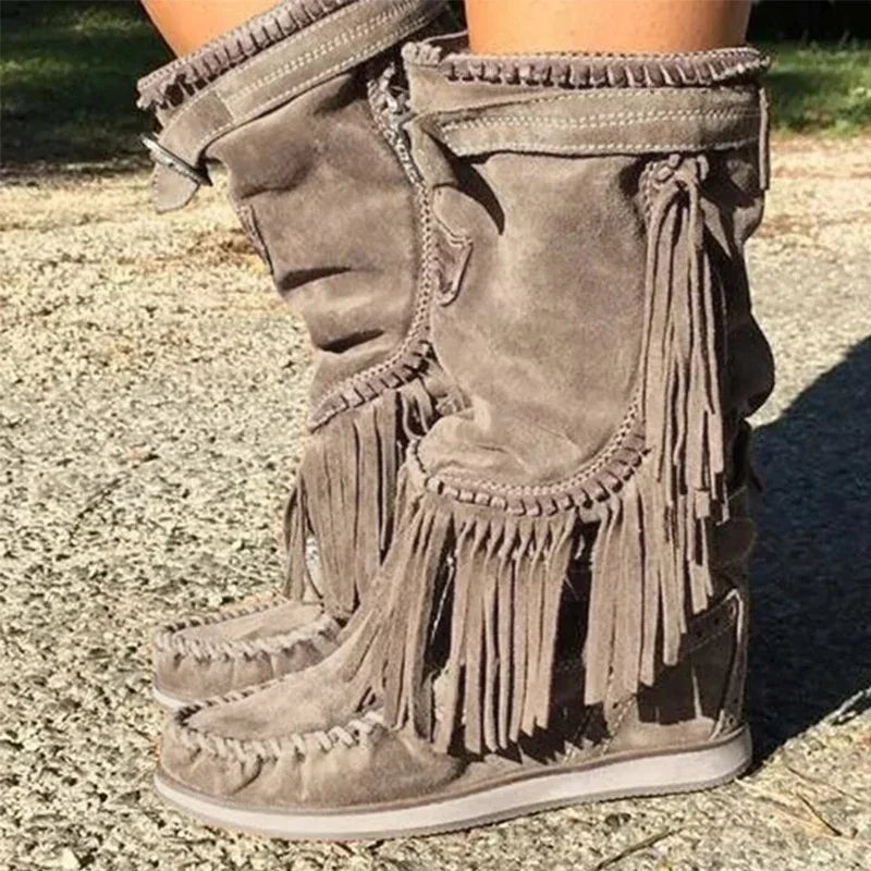 Piraten Stiefel Frau Plissee Quaste Mid-kalb Stiefel Frauen Nähen Schuhe Schnalle Leder High Heels Schuhe Weibliche Plus Größe Zip