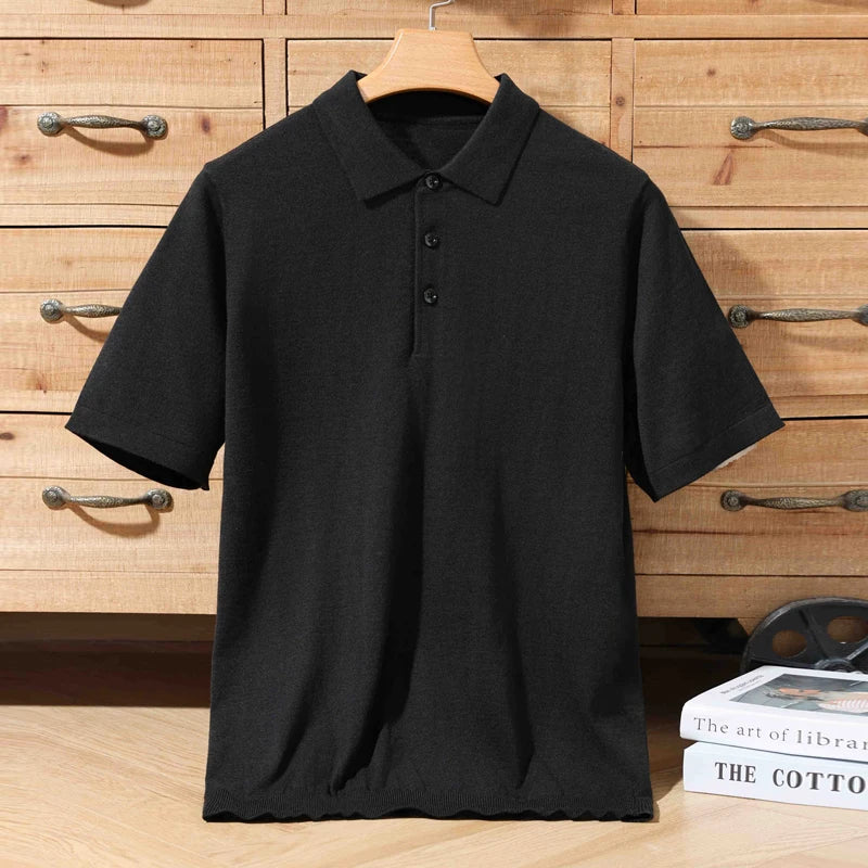 Sommer 100 % Merinowolle Herren Reverspullover Kurzarm POLO-Ausschnitt Pullover lockeres Top Business Casual Strick-T-Shirt