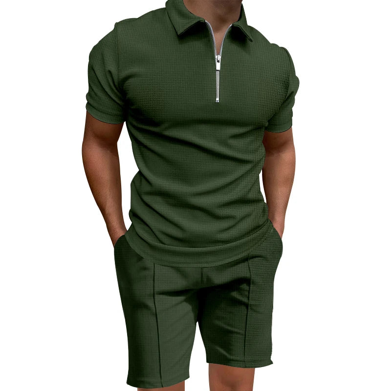 Grenzüberschreitendes  Sommer-Herren-Poloshirt-Set, einfarbig, Waffel, kurzärmelig, schmales Revers-T-Shirt, lässiges Herren-Set