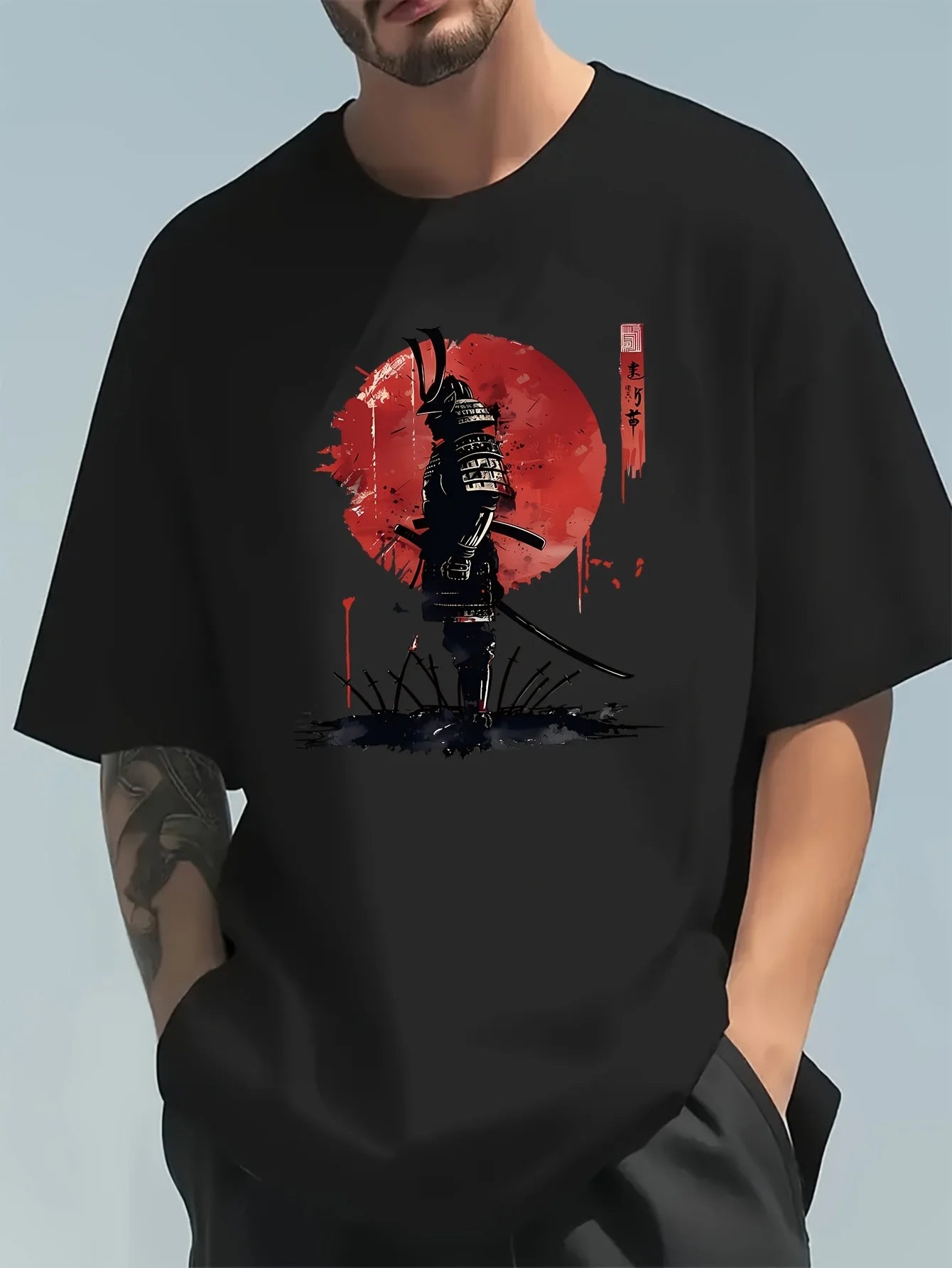 Herren-Sommer-T-Shirt aus 100 % Baumwolle, modisch, lässig, locker, japanisches Samurai-Muster, bedruckt, Rundhalsausschnitt, kurzärmelig