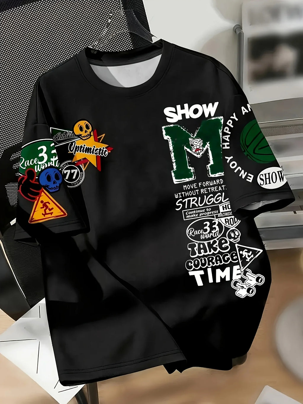 Modisches neues Herren-Sommer-T-Shirt mit personalisiertem Buchstaben-Graffiti-Print im Street-Style, atmungsaktiv, Rundhals-T-Shirt im Freien, High-Street-T