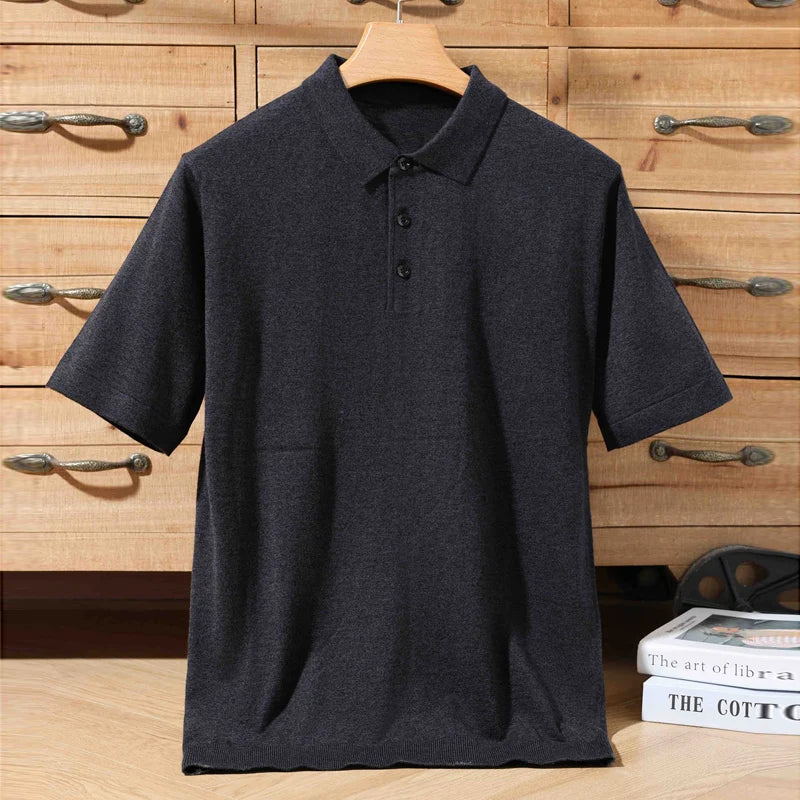 Sommer 100 % Merinowolle Herren Reverspullover Kurzarm POLO-Ausschnitt Pullover lockeres Top Business Casual Strick-T-Shirt