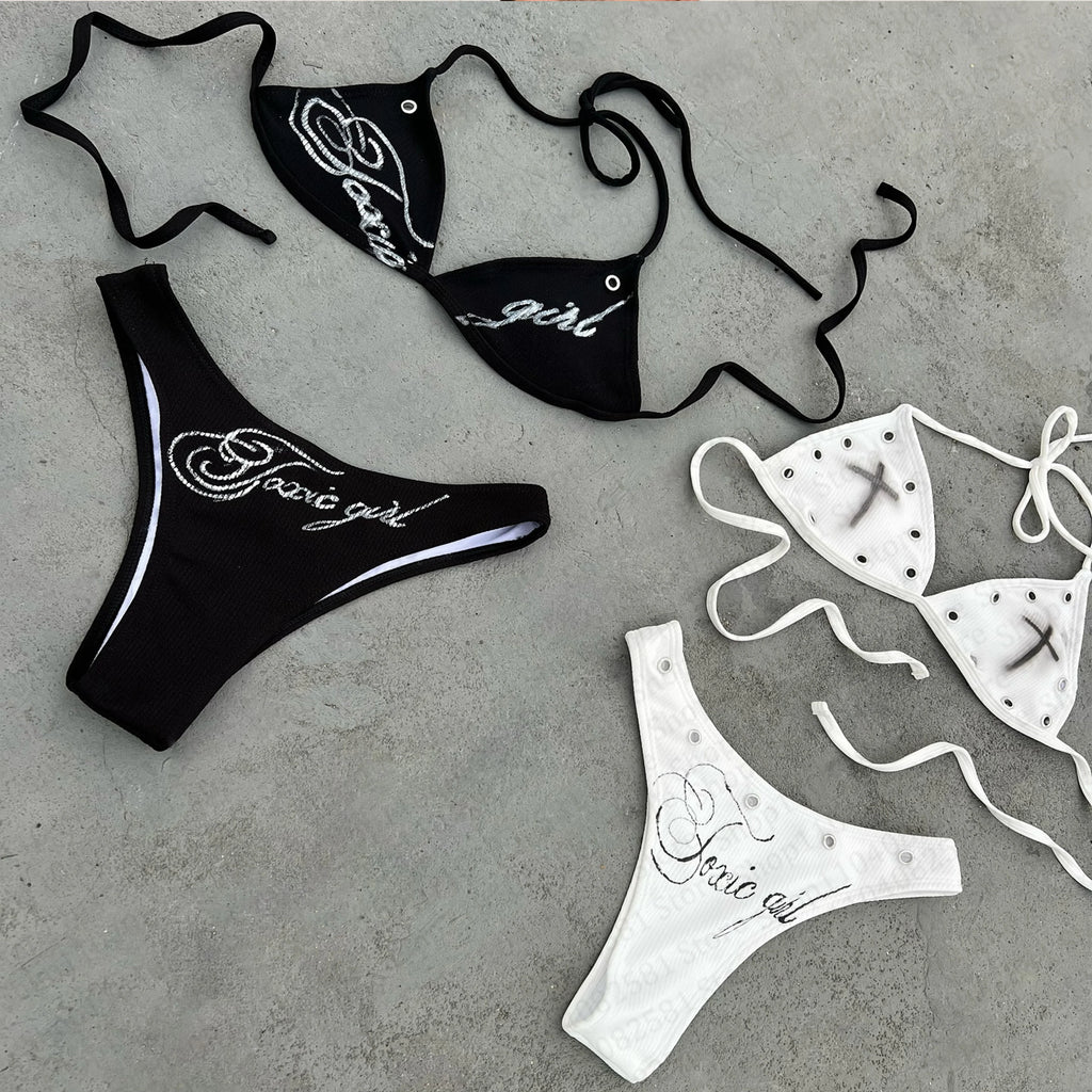 Modischer, mit Buchstaben bedruckter, sexy Bikini-Set für Damen, Badeanzug, Patch-Badeanzug, Hotpants-Set, Sommer, lässig, Nischenmode, Y2k-Stil