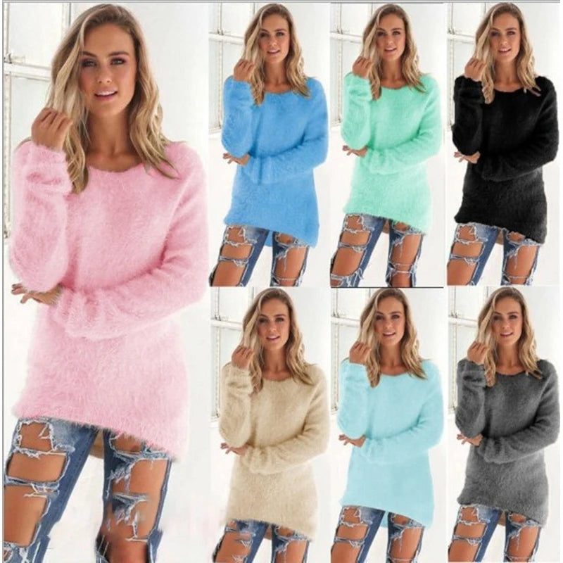 2026, Plus Größe Frauen Warme Pullover Einfarbig O Hals Lose Gestrickte Pullover Lange Pullover Casual Bluse Dame Oversize Kleidung