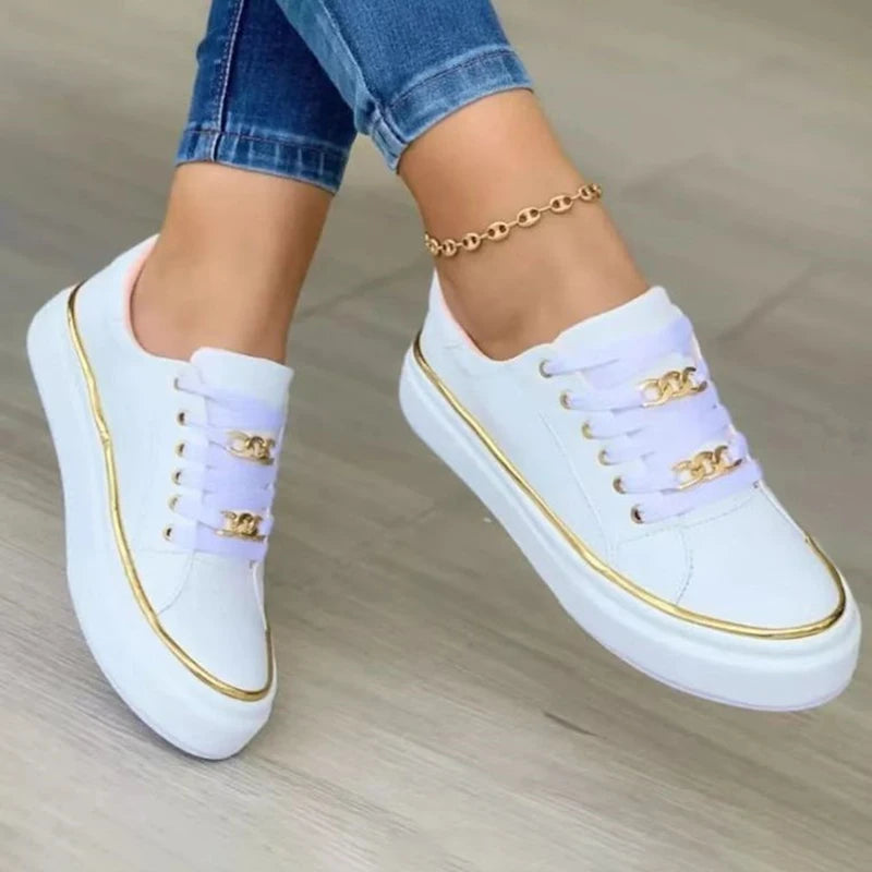 Damen-Turnschuhe, neue Modekette, Leder, bequeme runde Zehen, Plateau-Turnschuhe, Schnür-Walking, vulkanisierte Damenschuhe