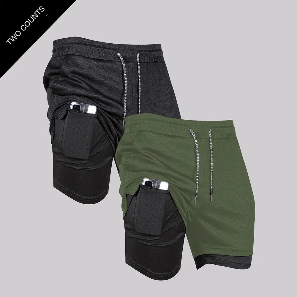 Doppelschichtige Fitness-Shorts für Herren, für Fitness, Fitnessstudio, Training, 2-in-1-Sport-Shorts, schnell trocknend, Workout, Joggen, Doppeldeck, Sommer