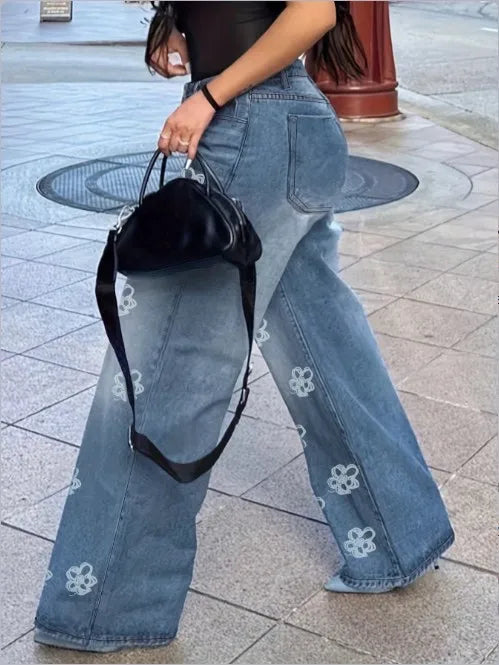 Damenjeans 2025, Frühling und Herbst, neue Mode, Blumendruck, hohe Taille, Taschendesign, lockere Jeans, gerades Bein, lässige Hosen