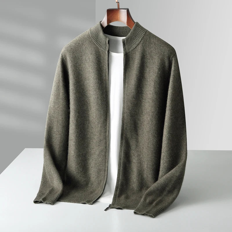 Merinowolle,100 %  warmer Herrenpullover, Stehkragen, verdickte Strickjacke mit Reißverschluss, Herbst-Winter, neue Kaschmir-Strick-Langarm-Tops