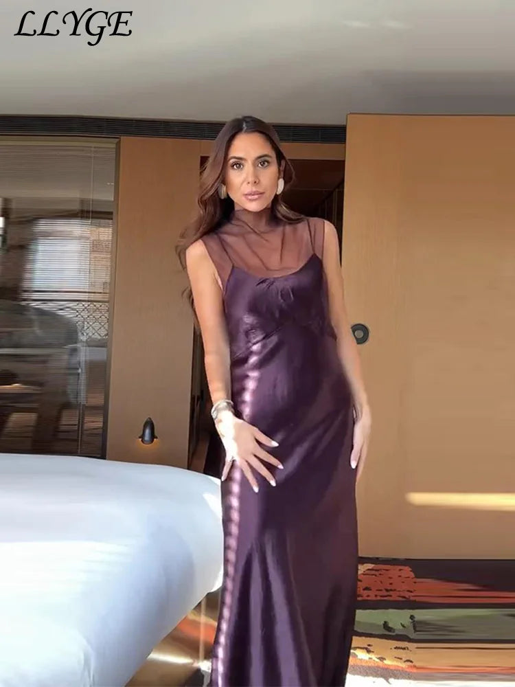 Durchsichtiges Mesh-Satin-Patchwork-langes Kleid für Damen, halbhoher Kragen, ärmellos, rückenfrei, Kleider 2026, Frühlingsdame, Party-Roben 2023