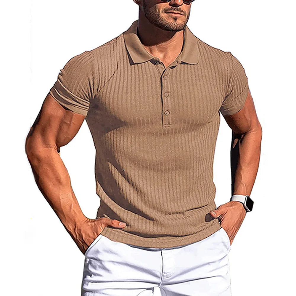 Neue Sommer Polo Männer Solide Streifen Fitness Elastizität Kurzarm Polo Shirts für Männer Mode Stehen Kragen Herren Shirts