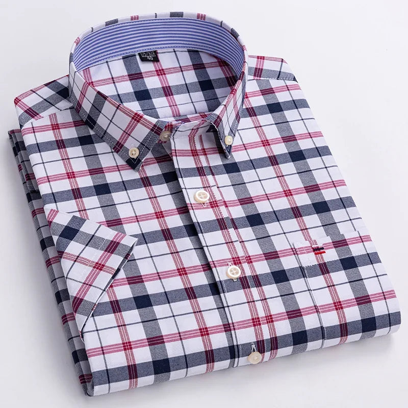 100% Baumwolle Atmungsaktiv Männer Oxford Kurzarm Sommer Plaid Shirts Gestreiften Männliche Kleidung Business Regular Fit Übergroßen