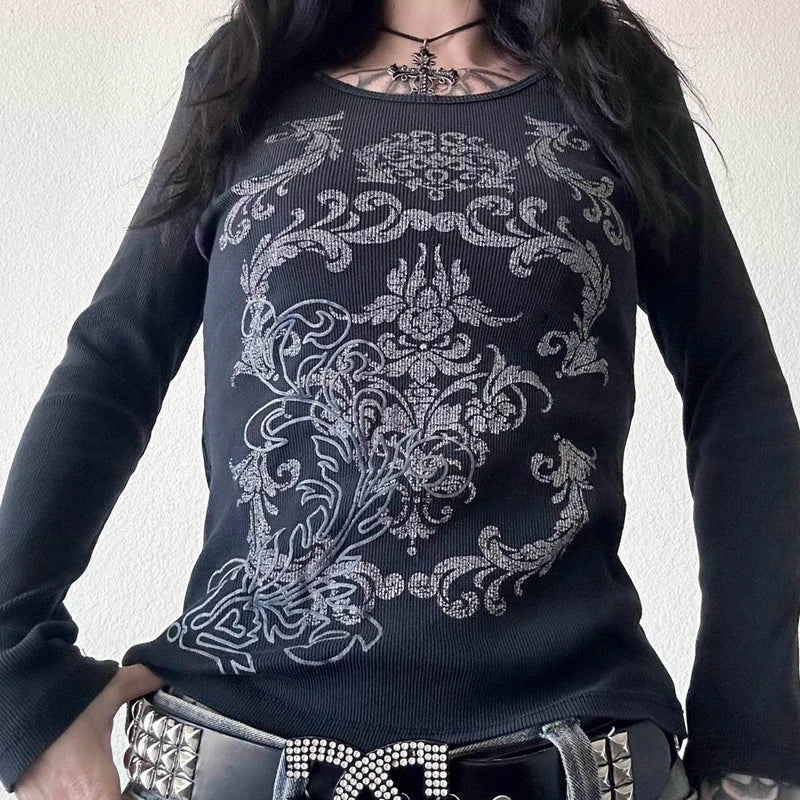 Grunge Cyber Mall Goth Thermo T-Shirt Totenköpfe Grafikdruck Langarm Pullover Tops Damen 90er Jahre Vintage Ästhetische T-Shirts