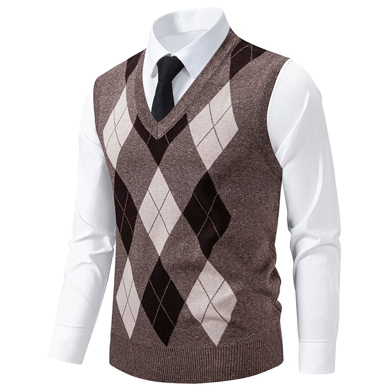 Herren Strickweste Mode Pullover Weste Argyle Muster Weste Fleece gefüttert warme Westen