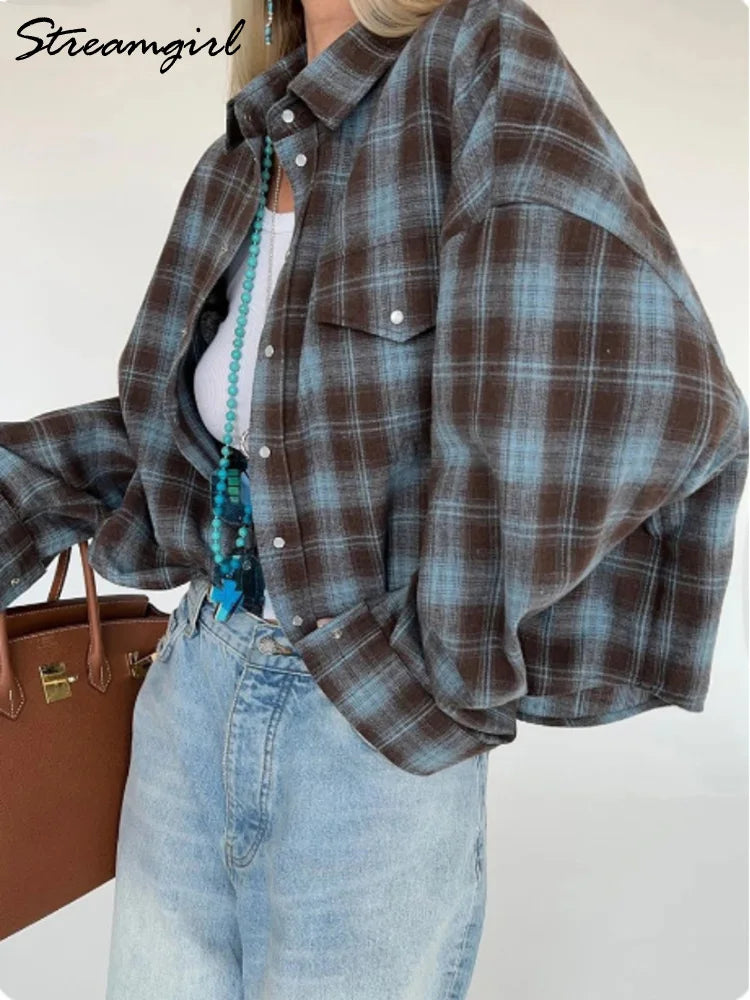 Streamgirl Übergroßes Kariertes Hemd für Damen, 2026, Frühling, lose Vintage-Langhemden, volle Ärmel, Damen, kariertes braunes, übergroßes Hemd, Blau