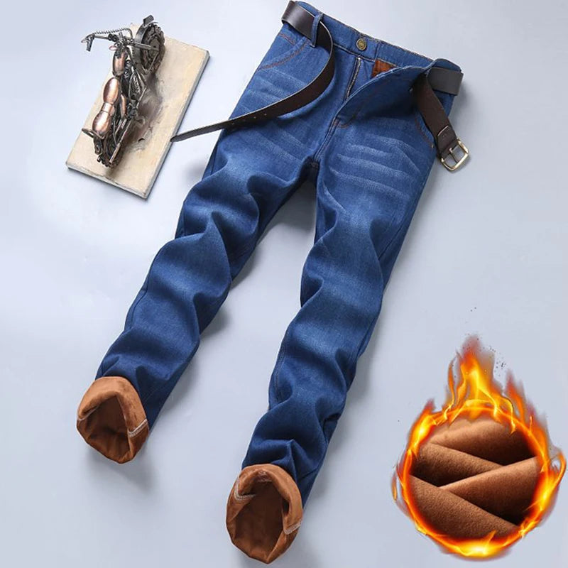 Männer Neue Mode Winter Warme Jeans Männlichen Fleece Gefüttert Verdickte Denim Hosen Lose Gerade Bequeme Casual Schwarz Blau Hosen