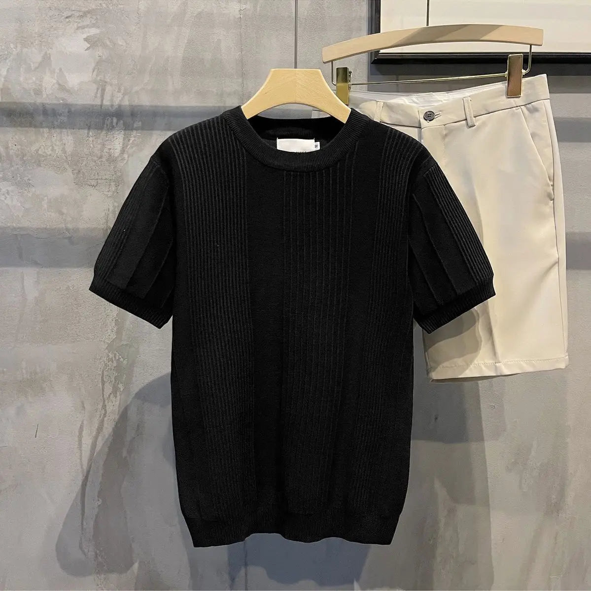 Kurzärmeliges T-Shirt für Herren Gestreiftes Häkel-Strickwaren Retro Einfarbiges Luxus-T-Shirt Schlankes Stylisches Frühling-Sommer Cooles Lässiges Hemd