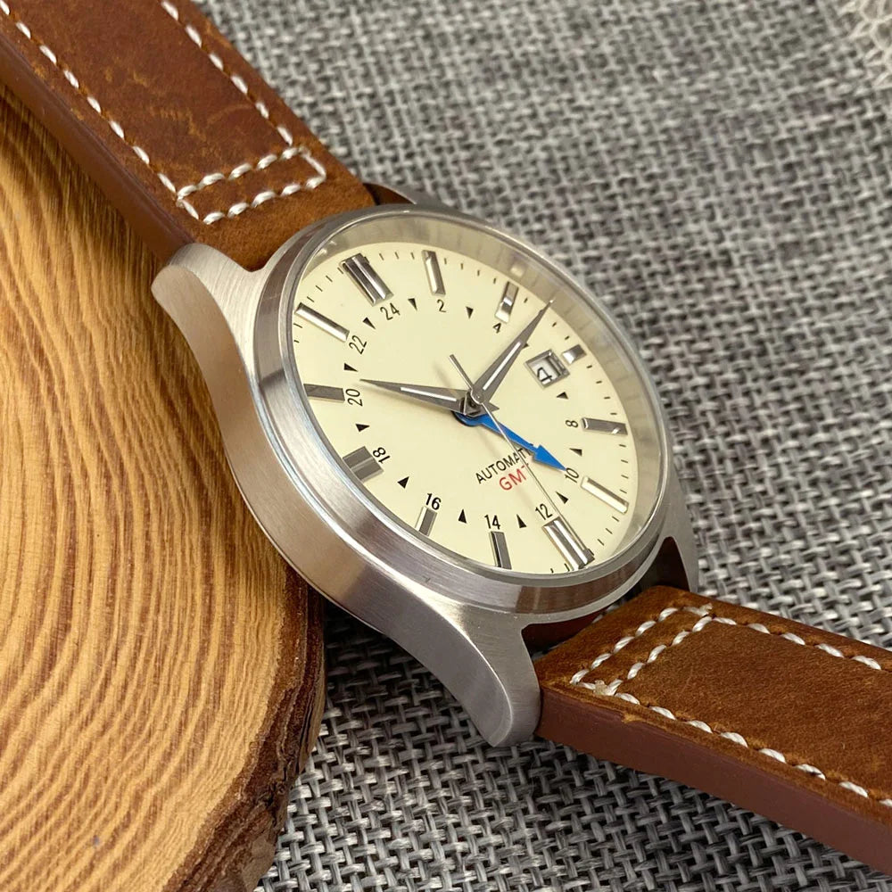 Tandorio Japan NH34 automatische mechanische Uhr für Herren, Taucher-GMT-Uhrwerk, 200 m wasserdicht, 39 mm Saphirglas-Lederband