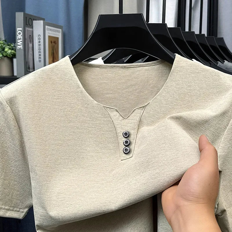 2026 neue männer Business Casual Drei Taste V-ausschnitt Kurzarm T-shirt Koreanischen Stil Sommer Komfortable Vielseitige Top