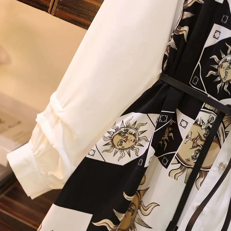 Vintage-Druck, A-Linie, mit Gürtel, lockerer Polo-Ausschnitt, Damenkleid, elegante einreihige, knielange Kleider für Damen, Frühling 2024