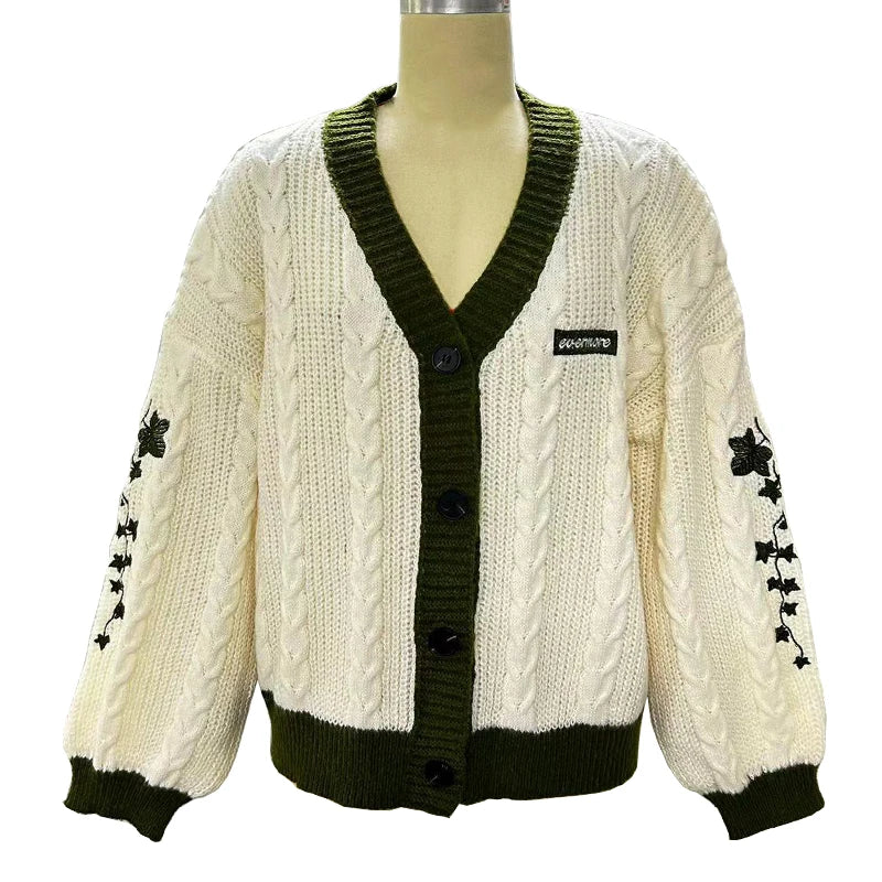 Evermore Cardigan Taylor Version Green Vine bestickter Button-Down-Pullover mit Zopfmuster für Damen, Herbst-Winter-Vintage-Outfit