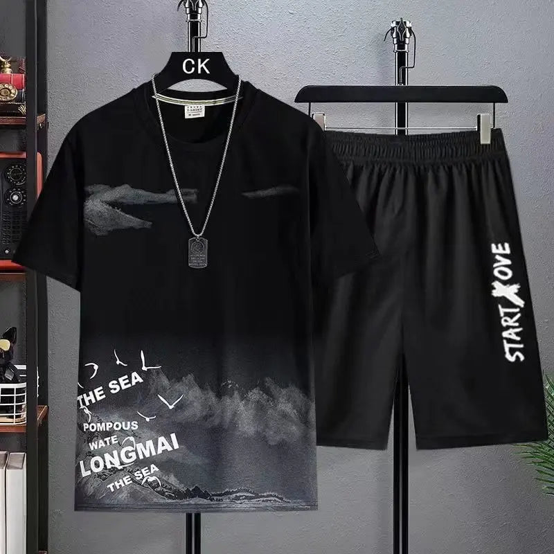Sommer, dünn, lässig, schnell trocknend, zweiteiliges Set, Herren-Set, Sport, Outdoor, Laufen, Kurzarm-T-Shirt + Shorts, Trainingsanzug-Sets