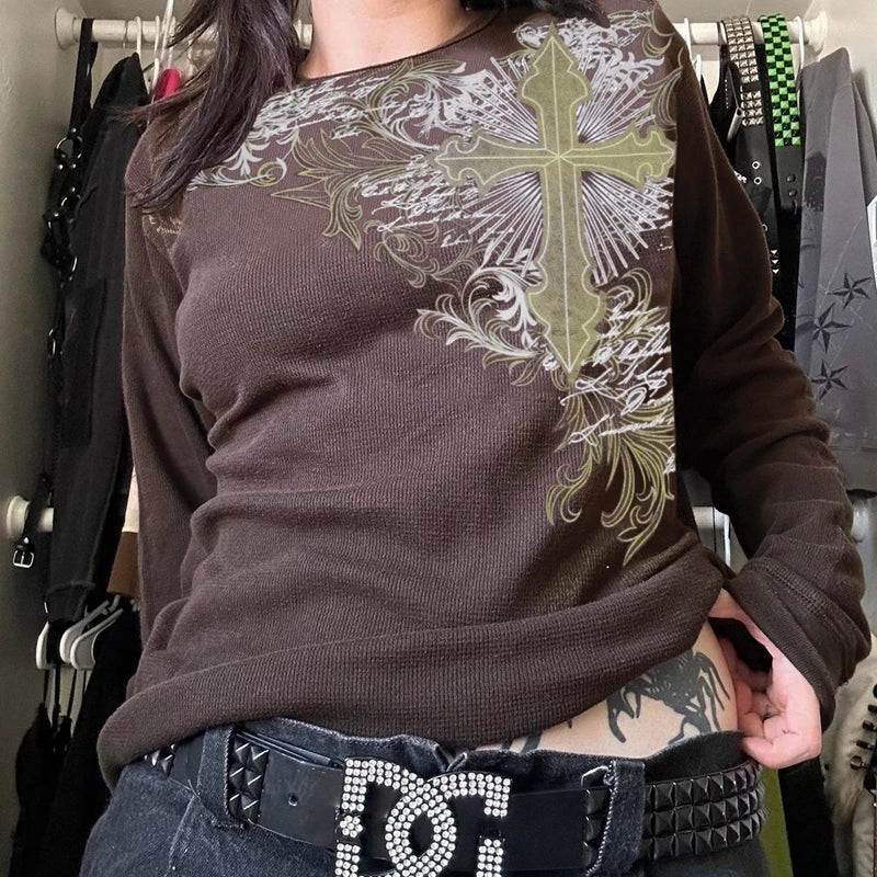 Grunge Cyber Mall Goth Thermo T-Shirt Totenköpfe Grafikdruck Langarm Pullover Tops Damen 90er Jahre Vintage Ästhetische T-Shirts