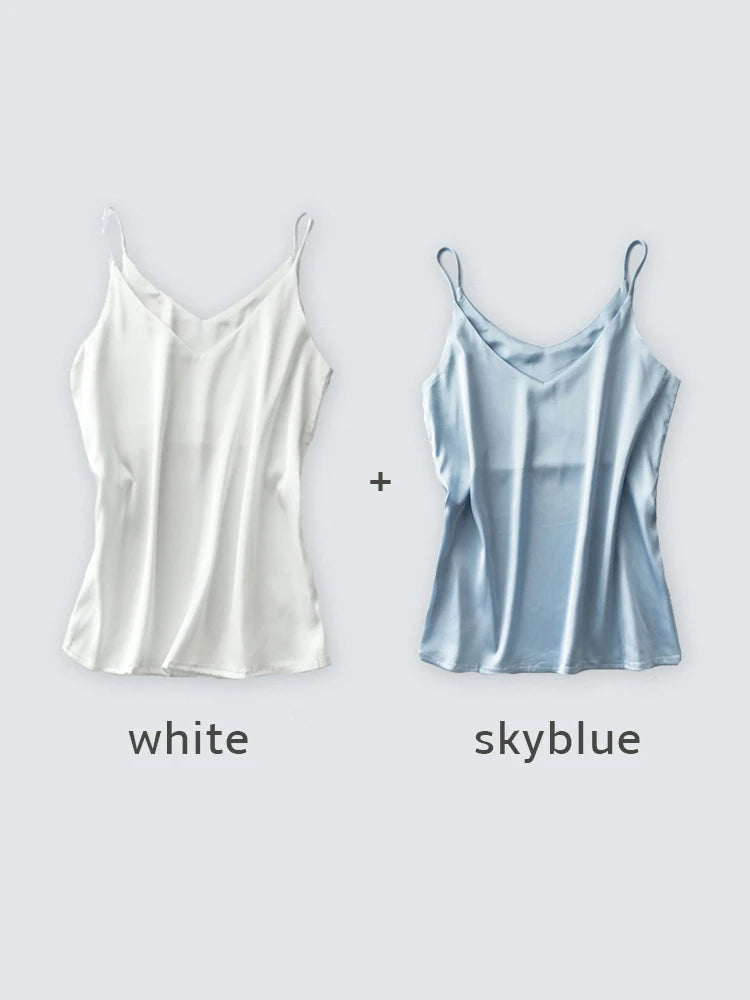 Spaghettiträger-Top für Damen, Neckholder, V-Ausschnitt, Basic, weiß, Cami, ärmellos, Satin-Seiden-Tanktops, Damen-Sommer-Unterhemd