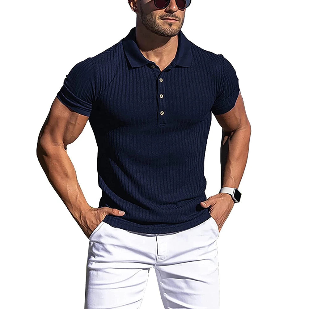 Neue Sommer Polo Männer Solide Streifen Fitness Elastizität Kurzarm Polo Shirts für Männer Mode Stehen Kragen Herren Shirts