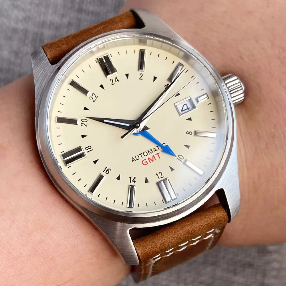 Tandorio Japan NH34 automatische mechanische Uhr für Herren, Taucher-GMT-Uhrwerk, 200 m wasserdicht, 39 mm Saphirglas-Lederband