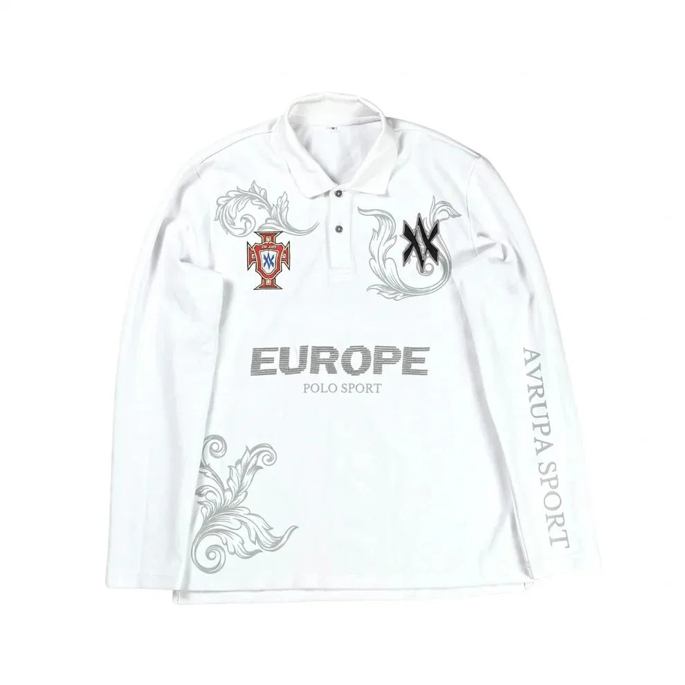 Retro Langarm Poloshirt Y2k Casual Lose Brief Muster Stickerei T Shirts Straße Sweatshirt Männer Baumwolle Jersey Revers Golf