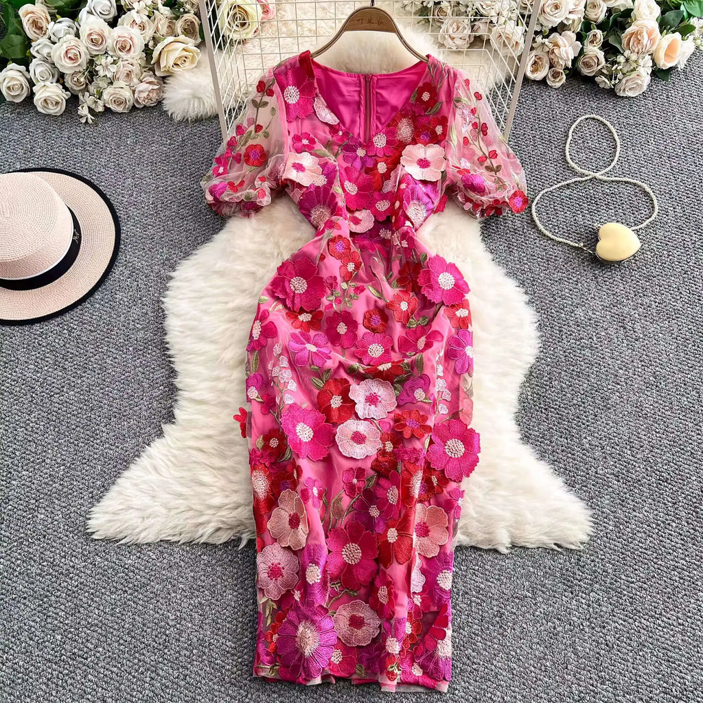 Sommer Luxus Midi Lange Kleider Party Elegante 3D Blume Stickerei Kurzarm Bleistift Tüll Prom Formale Kleid Frauen