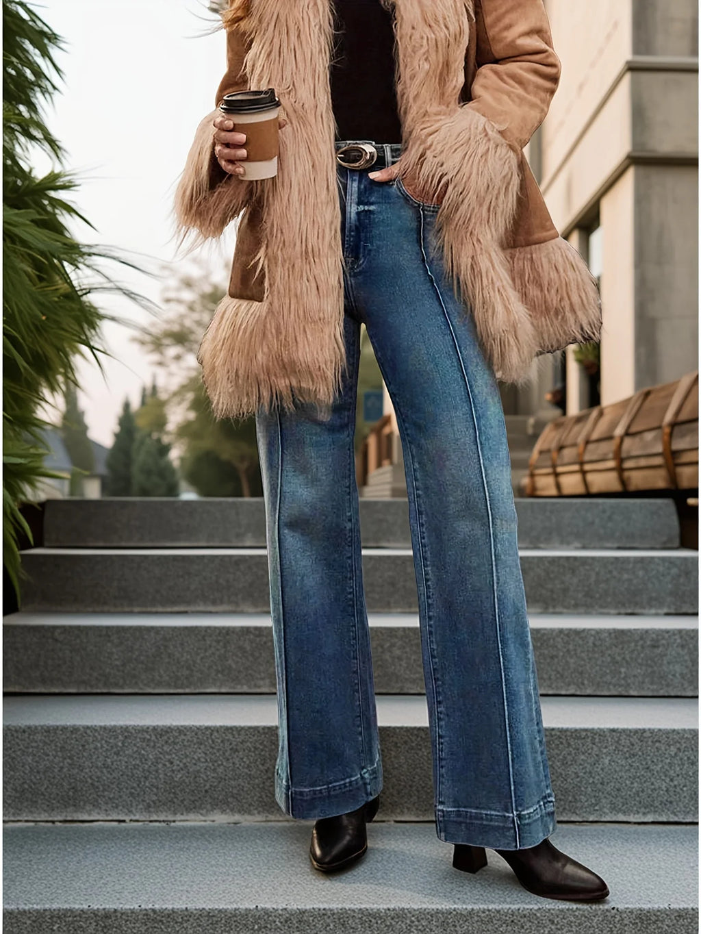 Herbst dunkelblaue Damenjeans mit hoher Taille und weitem Bein, Stretch-Denim-Stoff, Knopfleiste, Herbstmode, All-Match-Damenjeans