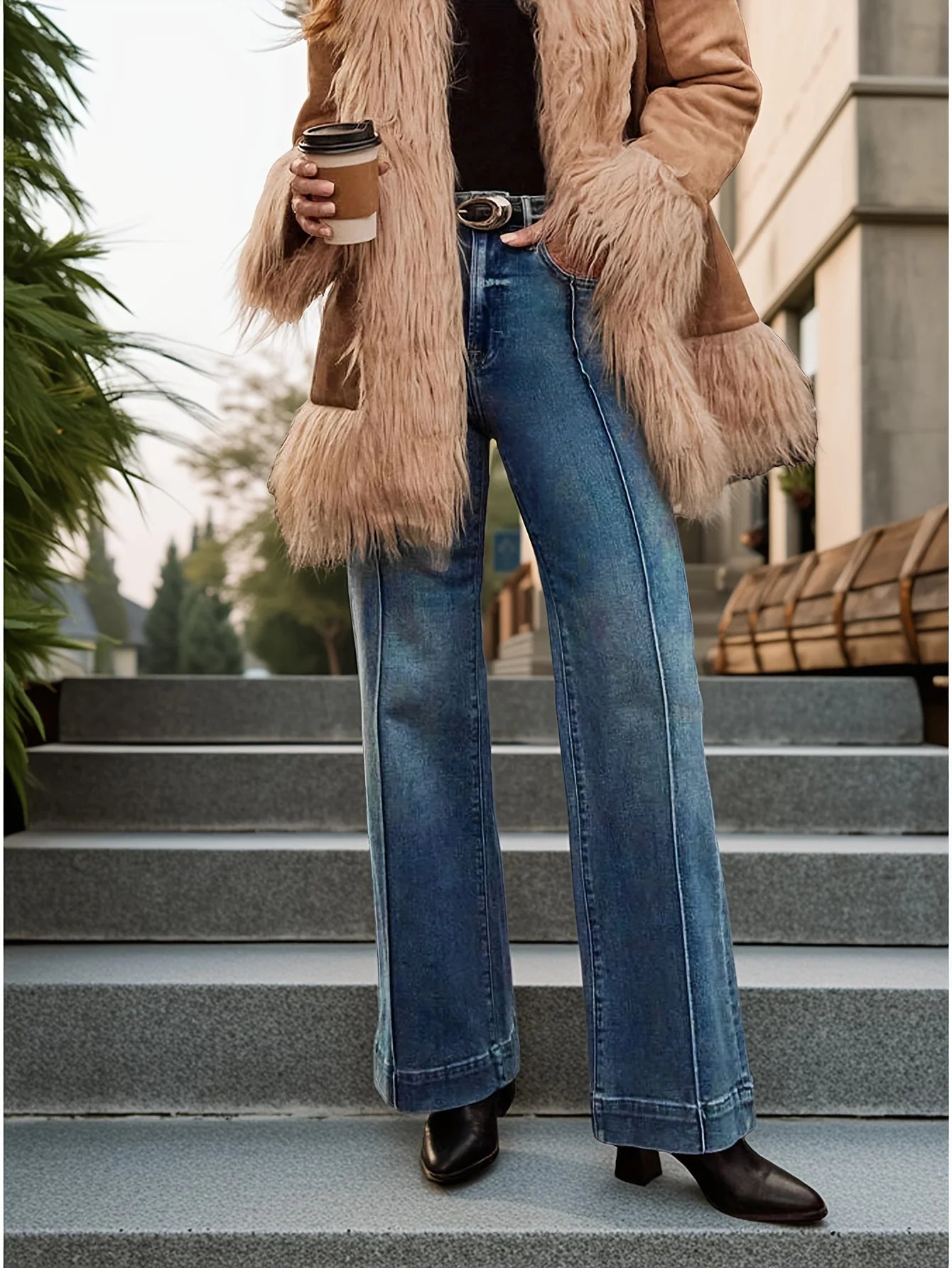 Herbst dunkelblaue Damenjeans mit hoher Taille und weitem Bein, Stretch-Denim-Stoff, Knopfleiste, Herbstmode, All-Match-Damenjeans