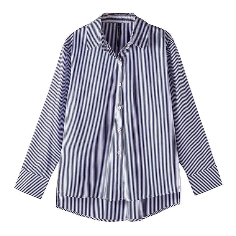Klassische Gestreifte Frau Frühling Herbst Blusen Hemd Dame Lange Laterne Hülse Stehkragen Lose Blusas Tops