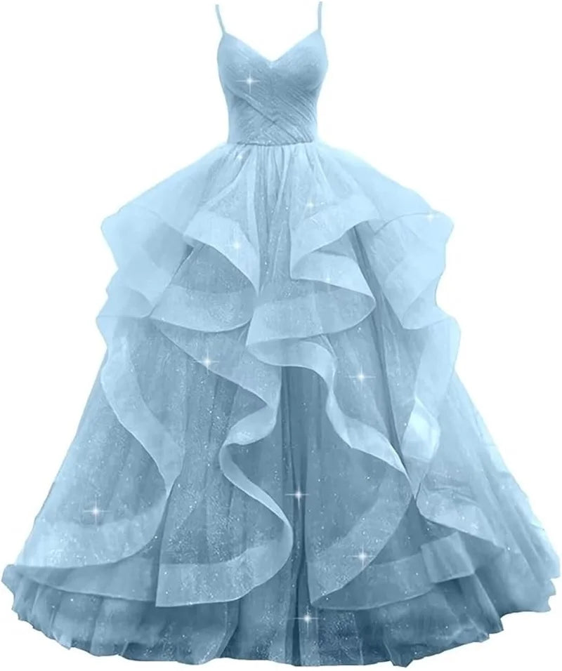 Maßgeschneiderte glitzernde Tüll-Abschlussballkleider, Spaghettiträger, Ballkleider für Frauen, bauschiges, abgestuftes, formelles Abend- und Partykleid