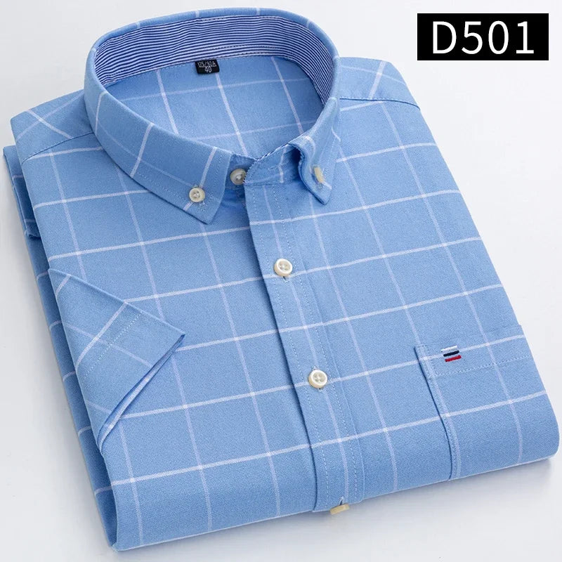 100% Baumwolle Atmungsaktiv Männer Oxford Kurzarm Sommer Plaid Shirts Gestreiften Männliche Kleidung Business Regular Fit Übergroßen