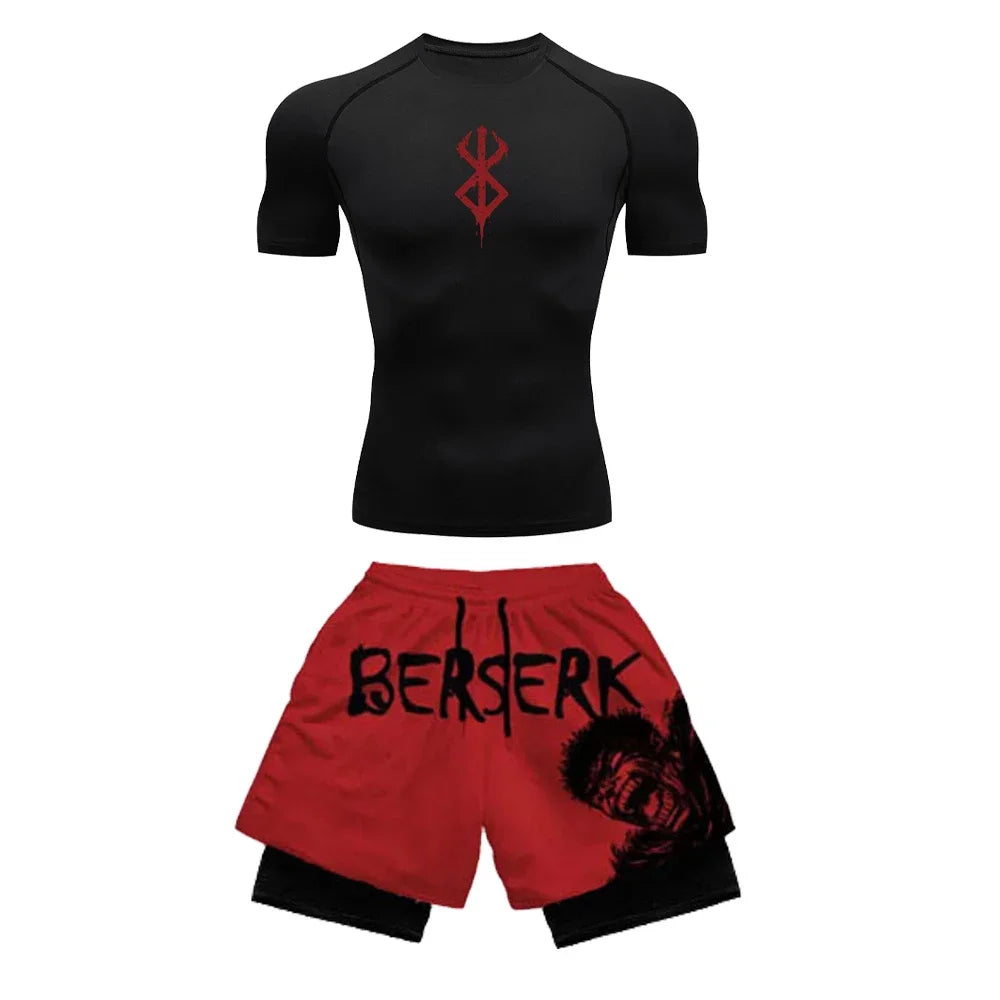 Anime 3D-gedrucktes Herren-Kompressionsset, kurzärmeliges Gym-Top + Workout-Shorts, schnell trocknend, atmungsaktiv, Leichtathletik-Rashguard-Set