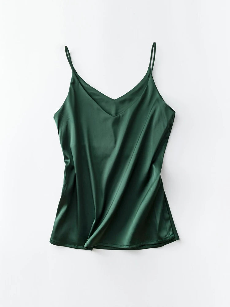Spaghettiträger-Top für Damen, Neckholder, V-Ausschnitt, Basic, weiß, Cami, ärmellos, Satin-Seiden-Tanktops, Damen-Sommer-Unterhemd
