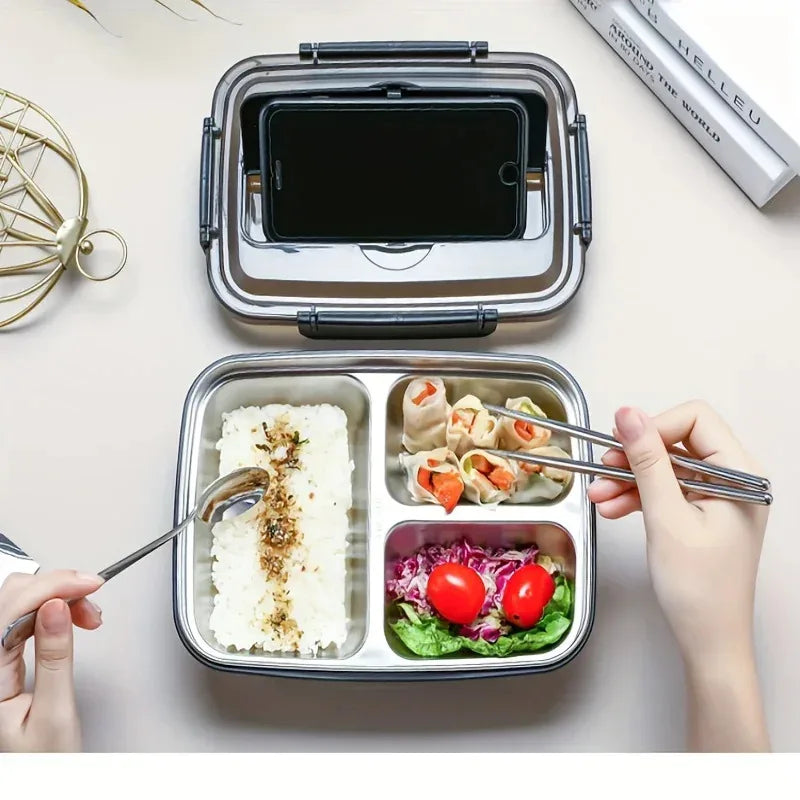 Auslaufsichere Lunchbox aus Edelstahl mit 3/4-Fächern – langlebiger, leicht zu reinigender Bento-Behälter für Studenten und Büroangestellte