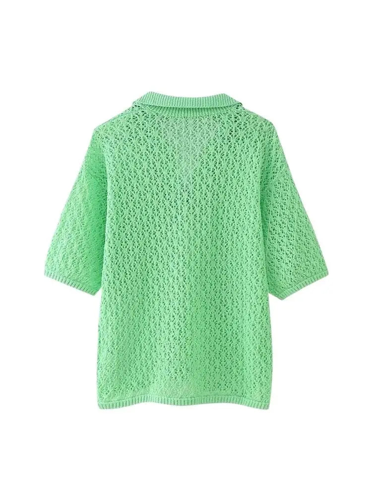 Frauen Mode Pointelle Stricken Lose Pullover Polo Kragen Kurzarm Weibliche Pullover Chic Tops