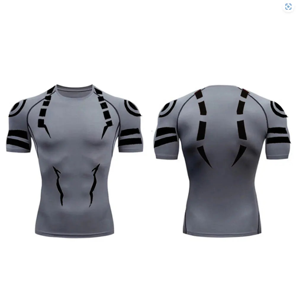 Anime Jujutsu Kaisen Kompressionsset Fitnessanzug für Herren, schnell trocknendes 3D-Kompressionsshirt + Fitnessstudio-Shorts, Lauf-Workout-Sportbekleidung