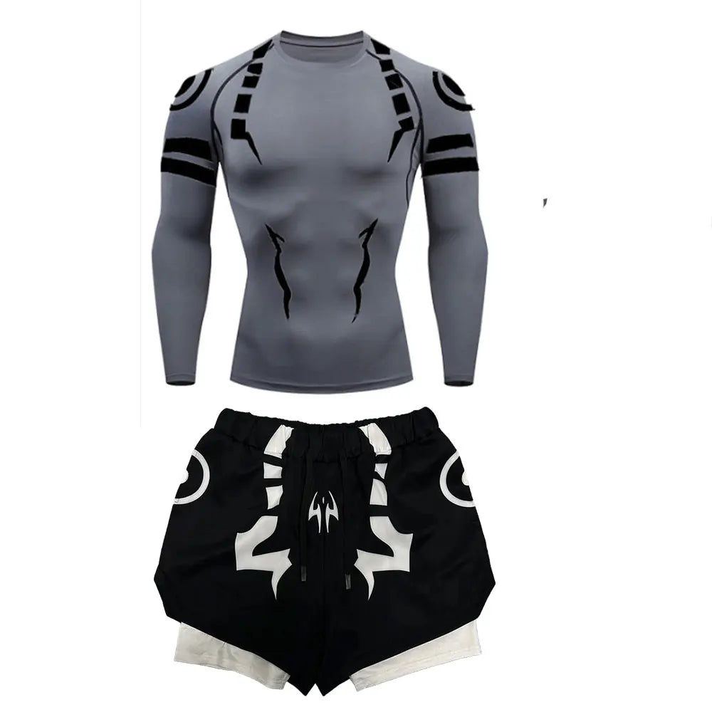 Anime Jujutsu Kaisen Kompressionsset Fitnessanzug für Herren, schnell trocknendes 3D-Kompressionsshirt + Fitnessstudio-Shorts, Lauf-Workout-Sportbekleidung