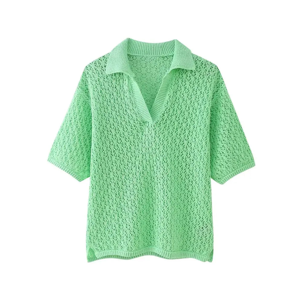 Frauen Mode Pointelle Stricken Lose Pullover Polo Kragen Kurzarm Weibliche Pullover Chic Tops