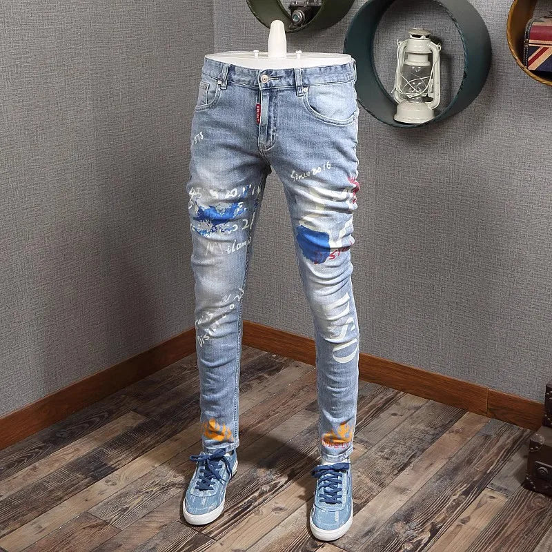 Designer-Mode,Herren-Jeans, mit Buchstaben bedruckt, gewaschen, nostalgisch, Stretch, schmale Passform, Retro, hellblaue Jeans, Hip-Hop-Marke, hohe Qualität