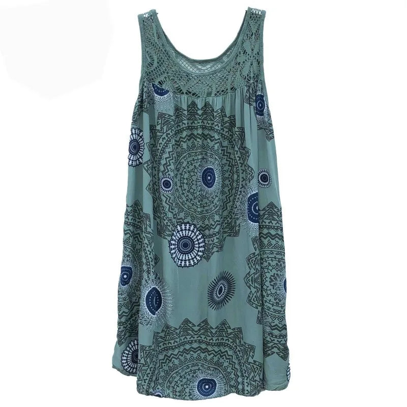 Damenbekleidung, Sommer, ärmelloses Leibchenkleid, Spitzendruck, ärmellos, große Schaukel, lockeres sexy Kleid, langer Rock, Übergröße